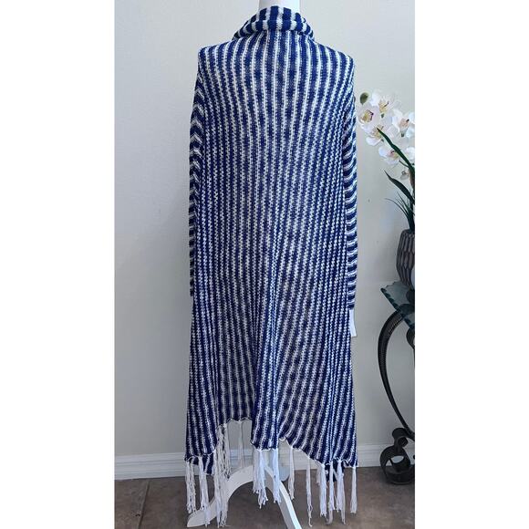 Bon Worth Blue White Boho Fringe Knit Long Maxi Kimono Cardigan Women's L - Picture 2 of 5
